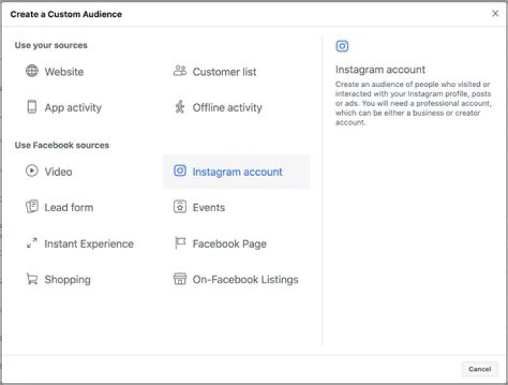 How do you create a custom audience on Instagram?